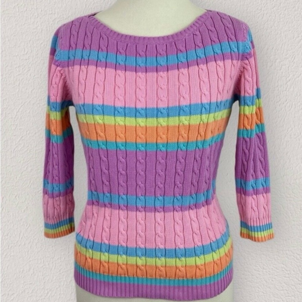 Ralph Lauren Purple and Pink Cable-Knit Crew Neck Sweater - Picture 2 of 6